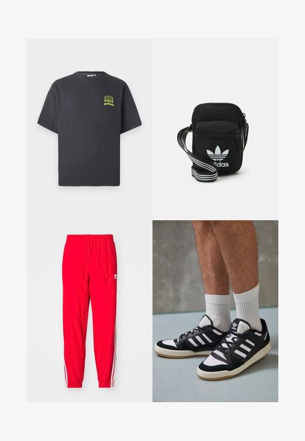 Tmavě šedé tričko Adidas s krátkým rukávem a malou neonově zelenou grafikou reproduktorů, slunce a loga Adidas na levé straně hrudníku.; Červené sportovní kalhoty s elastickým pasem, bílé pruhované detaily po stranách a malé bílé logo na levém stehně.; Černobílé tenisky s vrchní částí z semišové a kožené kůže, včetně tří bílých pruhů, perforovaného špičky a podrážky z gumy.; Černá crossbody taška z látky se zipovým uzávěrem, obsahující bílé logo Adidas a pruhovaný nastavitelný popruh pro snadné nošení.