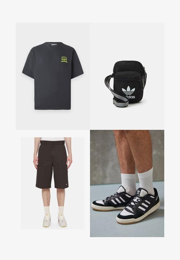 Anglies pilkos spalvos Adidas marškinėliai trumpomis rankovėmis su mažu neoninės žalios spalvos grafikų, vaizduojančiu garsiakalbius, saulę ir Adidas logotipą, kairėje krūtinės pusėje.; Tamsiai rudos šortai, pagaminti iš tvirto audinio, turi tiesų siluetą, mid-šlaunies ilgį ir siuvinėtą logotipą kairėje kojoje.; Juodos ir baltos sportinės bateliai su zomšiniu ir odiniu viršumi, su trimis baltomis juostelėmis, perforuota koja ir guminėmis padais.; Juodas audinio per petį nešiojamas krepšys su užtrauktuku, turintis baltą Adidas logotipą ir dryžuotą reguliuojamą diržą patogiam nešiojimui.