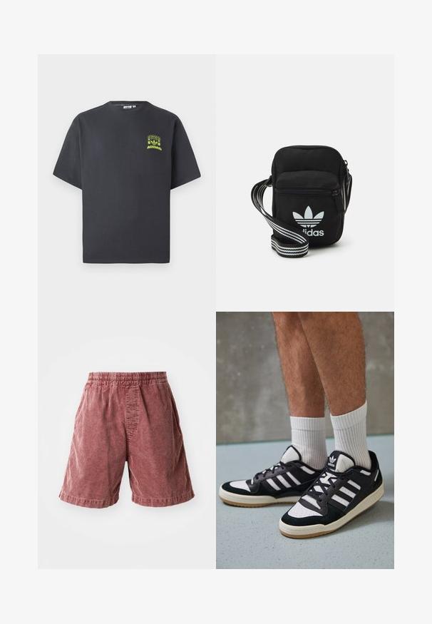 Koolgrijze Adidas T-shirt met korte mouwen en een kleine neon groene graphic van luidsprekers, zon en het Adidas-logo op de linkerkant van de borst.; Koperkleurige katoenen shorts met een elastische tailleband, met een gestructureerd oppervlak en zijzakken, die net boven de knie eindigen.; Zwart-witte sneakers met een bovenwerk van suede en leer, voorzien van drie witte strepen, een geperforeerde neus en een rubberen gumzool.; Zwarte stoffen schoudertas met een ritssluiting, voorzien van een wit Adidas-logo en een gestreepte, verstelbare schouderband voor gemakkelijk dragen.