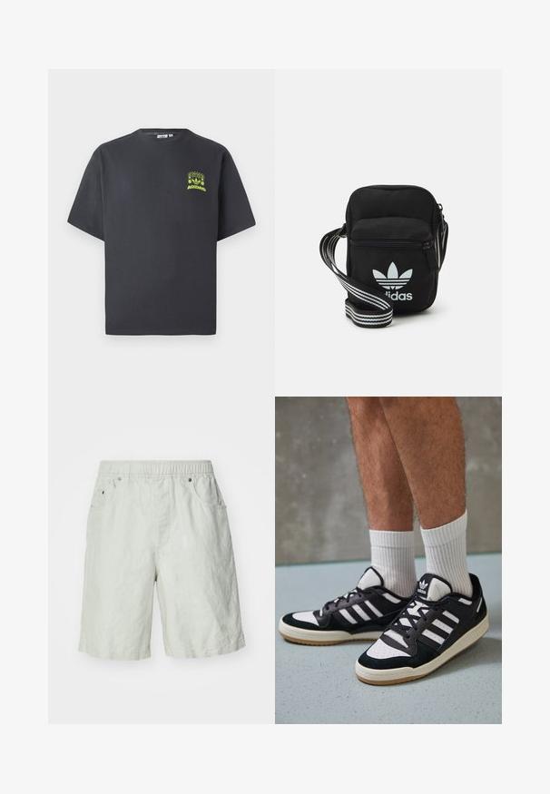 T-shirt Adidas gris charbon à manches courtes avec un petit graphique néon vert représentant des haut-parleurs, un soleil et le logo Adidas sur la poitrine gauche.; Shorts gris clair en tissu texturé, dotés d'une taille élastique, de deux poches latérales et d'une coupe décontractée.; Baskets noir et blanc avec une tige en suède et cuir, comportant trois rayures blanches, un bout perforé et une semelle en caoutchouc gum.; Sac bandoulière noir en tissu avec fermeture éclair, arborant un logo Adidas blanc et une sangle réglable rayée pour un port facile.
