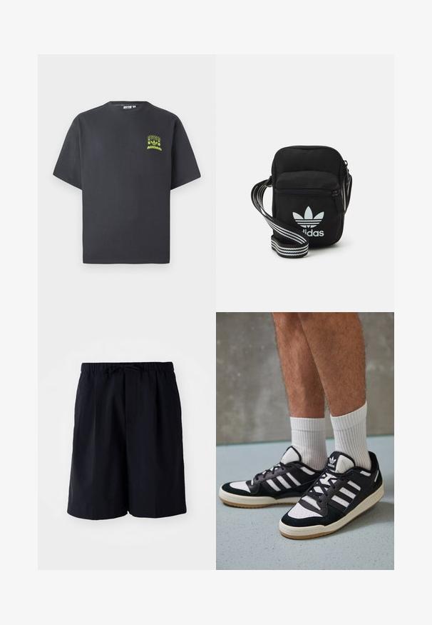 Črno-siva Adidas majica s kratkimi rokavi in majhnim neon zelenim grafičnim motivom z zvočniki, soncem in Adidasovim logotipom na levi strani prsnega koša.; Temno modri šorti iz lahkega materiala, z elastičnim pasom in vrvico za zategovanje, ter dvema stranskima žepoma, ravnega kroja.; Črno-bele superge z zgornjim delom iz usnja in nubuka, ki imajo tri bele črte, perforiran vrh prstov in podplat iz gume.; Črna tkaninska torbica čez ramo z zadrgo, ki vsebuje belo Adidasovo logo in pridelano naramnico z več črtami za enostavno nošenje.