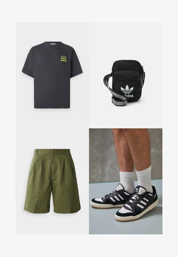 Antracitové šedé tričko Adidas s krátkymi rukávmi a malou neónovo zelenou grafikou reproduktorov, slnka a loga Adidas na ľavej hrudi.; Olivovo zelené šortky vyrobené z ľahkého materiálu, s plisovaným predným dielom, zapínaním na gombík a bočnými vreckami, s rovným strihom.; Čierno-biele tenisky s vrchom z semišu a kože, s troma bielymi pruhmi, perforovanou špičkou a gumovou podrážkou.; Čierna textilná crossbody taška so zipsovým uzáverom, ktorá má biele logo Adidas a pruhovaný nastaviteľný popruh pre jednoduché nosenie.
