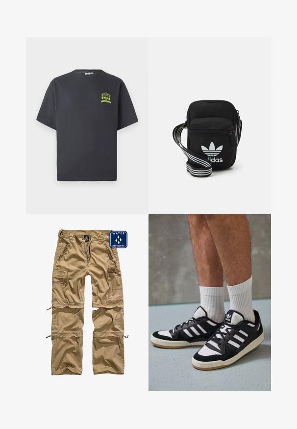 Tumši pelēkā krāsā Adidas T-kreklā ar īsām piedurknēm un mazu neona zaļa grafiku ar skaļruņiem, sauli un Adidas logo kreisajā krūtī.; Khaki kravas bikses, kas izgatavotas no ūdensatgrūdoša auduma. Tām ir vairāki kabatas ar rāvējslēdzējiem un noņemami apakšējie kāju posmi, kas nodrošina daudzveidību.; Melnas un baltas kedas ar zamša un ādas augšdaļu, kas aprīkotas ar trim baltām svītrām, perforētu purngali un gumijas zolēm.; Melna auduma crossbody soma ar rāvējslēdzēja aizdari, kurai ir balts Adidas logo un svītrainas regulējamas siksnas ērtiem pārvietošanās veidiem.