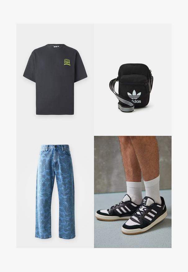 Söe phühaline Adidas T-särk, lühikeste varrukatega, tumesüsinest värvi, vasakul rinnal on väike helesinine graafiline kujutis kõlaritest, päikesest ja Adidas'i logost.; Heledad sinised teksad, millel on peen tooni lilleline muster, lai lõike, viie taskuga disain ja nööp sulgur tootel.; Mustvalged ja valged spordijalatsid, mille pealmine osa on valmistatud suede'ist ja nahast. Kingadel on kolm valget riba, auguline varvas ja kummist tald.; Mustmust värvi risti koti, millel on tõmblukuga sulgemine, valge Adidas'i logo ja triibuline reguleeritav rihm mugavaks kandmiseks.