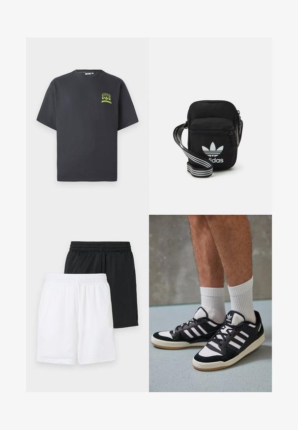 T-paita hiiligraniteväriä, jossa on lyhyet hihat ja pieni neonvihreä kuva kaiuttimista, auringosta ja Adidas-logosta vasemmalla rinnassa.; Kaksi paria urheiluhousuja: yksi musta, yksi valkoinen. Molemmissa on elastinen vyötärönauha ja hengittävä verkkotekstuuri.; Valkoiset ja mustat tennarit, joissa on mokkanahka- ja nahkapäällinen, kolme valkoista raitaa, rei'itetty kärki ja kumipohja.; Musta kangas olkalaukku vetoketjulla, jossa on valkoinen Adidas-logo ja raidallinen säädettävä hihna helppoa kantamista varten.