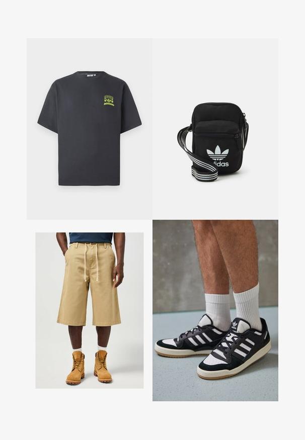 Kulgrå Adidas T-shirt med korte ærmer og en lille neon grøn grafik af højttalere, sol og Adidas-logo på venstre bryst.; Beige shorts lavet af bomuld med en løs pasform, featuring en elastisk talje og sidelommer. Kombineret med brune arbejdssko og hvide sokker.; Sorte og hvide sneakers med en overdel i ruskind og læder, der har tre hvide striber, en perforeret tå og en sål i gummigummi.; Sort stof crossbody tas med lynlås, der har et hvidt Adidas-logo og en stribet justerbar rem for nem bæring.