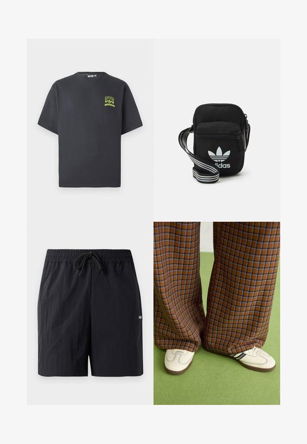 Tmavě šedé tričko Adidas s krátkým rukávem a malou neonově zelenou grafikou reproduktorů, slunce a loga Adidas na levé straně hrudníku.; Černé plavky z texturované tkaniny, s elastickým pasem na stahovací šňůrku a malým logem na boku.; Hnědo-modré kostkované široké kalhoty doplněné bílými botami s černými akcenty a texturovanou podrážkou, umístěné na zeleném pozadí.; Černá crossbody taška z látky se zipovým uzávěrem, obsahující bílé logo Adidas a pruhovaný nastavitelný popruh pro snadné nošení.