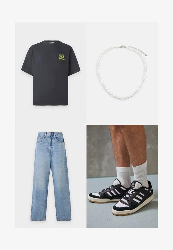 T-shirt Adidas de cor cinza carvão com mangas curtas e um pequeno gráfico em neon verde de altifalantes, sol e o logo da Adidas no lado esquerdo do peito.; Jeans de ganga de perna larga em azul claro com uma cintura alta, cinco bolsos e um desbotado sutil. Apresenta botões e rebites em cobre como detalhes.; Ténis em preto e branco com upper em camurça e couro, apresentando três riscas brancas, um toe perfurado e uma sola em borracha de goma.; Colar de pérolas brancas com forma redonda uniforme, superfície lisa e fecho metálico com corrente de extensão para ajuste de comprimento.