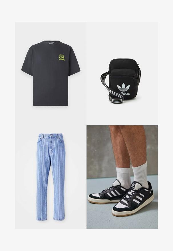 Charcoal gray Adidas T-shirt with short sleeves and a small neon green graphic of speakers, sun, and Adidas logo on left chest.; Light blue denim jeans with vertical white stripes, straight-leg cut, five-pocket style, and a button closure at the waist.; Black and white sneakers with a suede and leather upper, featuring three white stripes, a perforated toe, and a gum rubber sole.; Black fabric crossbody bag with a zipper closure, featuring a white Adidas logo and a striped adjustable strap for easy carrying.
