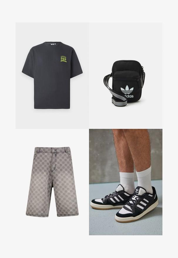 Söe phühaline Adidas T-särk, lühikeste varrukatega, tumesüsinest värvi, vasakul rinnal on väike helesinine graafiline kujutis kõlaritest, päikesest ja Adidas'i logost.; Hallide denimist šortid, millel on ringikujuline muster, traditsiooniline viie tasku disain ja nähtavad õmbluse aktsendid.; Mustvalged ja valged spordijalatsid, mille pealmine osa on valmistatud suede'ist ja nahast. Kingadel on kolm valget riba, auguline varvas ja kummist tald.; Mustmust värvi risti koti, millel on tõmblukuga sulgemine, valge Adidas'i logo ja triibuline reguleeritav rihm mugavaks kandmiseks.