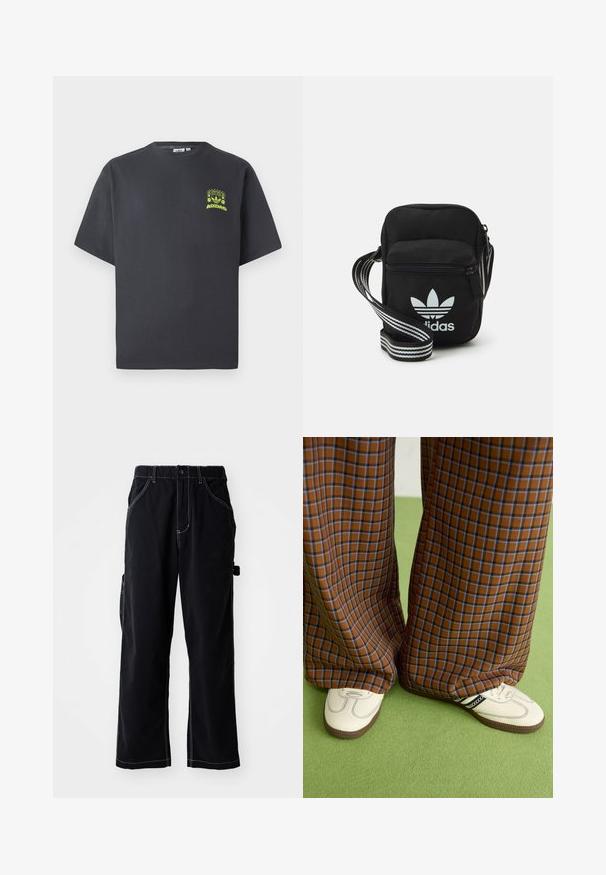 Antracitové šedé tričko Adidas s krátkymi rukávmi a malou neónovo zelenou grafikou reproduktorov, slnka a loga Adidas na ľavej hrudi.; Čierne cargo nohavice s voľným strihom, ktoré majú pás na šnúrku, bočné vrecká a kontrastné biele švy.; Hnedé a modré kárované nohavice s širokými nohavicami skombinované s bielymi topánkami s čiernymi akcentmi a textúrovanými podrážkami, umiestnené na zelenom pozadí.; Čierna textilná crossbody taška so zipsovým uzáverom, ktorá má biele logo Adidas a pruhovaný nastaviteľný popruh pre jednoduché nosenie.