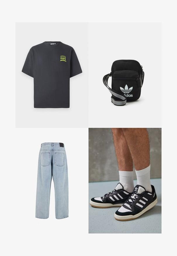 Koolgrijze Adidas T-shirt met korte mouwen en een kleine neon groene graphic van luidsprekers, zon en het Adidas-logo op de linkerkant van de borst.; Lichtblauwe, hoogwaisted denim jeans met een losse pasvorm, twee achterzakken en een zwart leren label op de tailleband. Rechtoe-rechtaan ontwerp.; Zwart-witte sneakers met een bovenwerk van suede en leer, voorzien van drie witte strepen, een geperforeerde neus en een rubberen gumzool.; Zwarte stoffen schoudertas met een ritssluiting, voorzien van een wit Adidas-logo en een gestreepte, verstelbare schouderband voor gemakkelijk dragen.