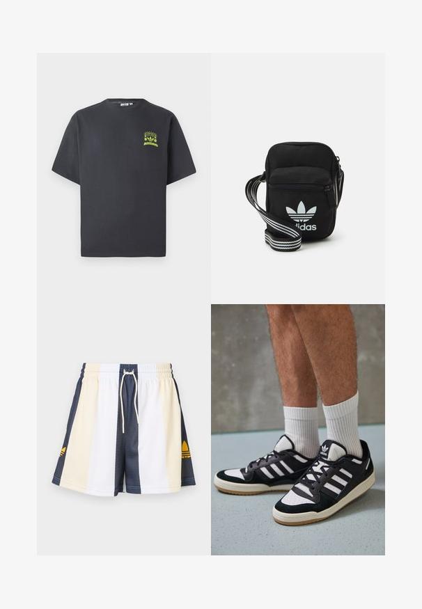 T-shirt Adidas de cor cinza carvão com mangas curtas e um pequeno gráfico em neon verde de altifalantes, sol e o logo da Adidas no lado esquerdo do peito.; Calções atléticos em malha com riscas verticais em azul marinho, branco e creme. Cintura elástica com cordão e detalhe do logótipo amarelo.; Ténis em preto e branco com upper em camurça e couro, apresentando três riscas brancas, um toe perfurado e uma sola em borracha de goma.; Sacolinha transversal de tecido preto com fecho de zíper, apresentando um logo da Adidas em branco e uma alça ajustável listrada para facilitar o transporte.