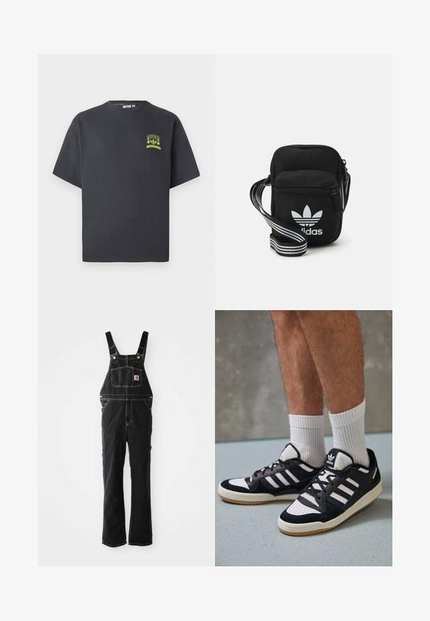 Dunkelgraues Adidas-T-Shirt mit kurzen Ärmeln und einem kleinen neongrünen Aufdruck von Lautsprechern, Sonne und dem Adidas-Logo auf der linken Brust.; Schwarze Denim-Latzhosen mit verstellbaren Trägern, einer Fronttasche und goldenen Hardware-Akzenten. Der Stoff hat ein strukturiertes, widerstandsfähiges Aussehen.; Schwarz-weiße Sneaker mit einem Obermaterial aus Wildleder und Leder, ausgestattet mit drei weißen Streifen, einer perforierten Zehenpartie und einer Sohle aus Gummi.; Schwarze Umhängetasche aus Stoff mit Reißverschluss, ausgestattet mit einem weißen Adidas-Logo und einem gestreiften, verstellbaren Tragegurt für einfachen Transport.