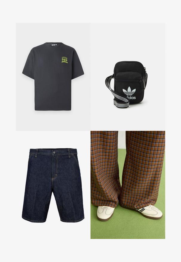Tmavě šedé tričko Adidas s krátkým rukávem a malou neonově zelenou grafikou reproduktorů, slunce a loga Adidas na levé straně hrudníku.; Džínové šortky v tmavě modré barvě s žlutým prošitím, vybavené předním knoflíkem, poutky na opasek a postranními kapsami. Hladká textura, délka až ke kolenům.; Hnědo-modré kostkované široké kalhoty doplněné bílými botami s černými akcenty a texturovanou podrážkou, umístěné na zeleném pozadí.; Černá crossbody taška z látky se zipovým uzávěrem, obsahující bílé logo Adidas a pruhovaný nastavitelný popruh pro snadné nošení.