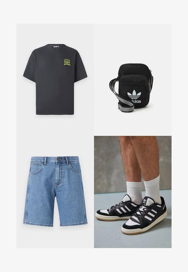 Γκρίζο ανθρακί T-shirt Adidas με κοντά μανίκια και ένα μικρό νεοναπράσινο γραφικό με ηχεία, ήλιο και το λογότυπο της Adidas στο αριστερό στήθος.; Τζιν σορτς σε ανοιχτό μπλε, με ευθεία γραμμή, πέντε τσέπες και ορατή ραφή. Κουμπί κλειδώματος στη μέση.; Μαύρα και λευκά αθλητικά παπούτσια με άνω μέρος από σουέτ και δέρμα, featuring τρεις λευκές ρίγες, περατά δάχτυλα και σόλα από καουτσούκ τύπου γκαστ. ; Μαύρη τσάντα ώμου με φερμουάρ, που διαθέτει το λευκό λογότυπο της Adidas και ρυθμιζόμενη ριγέ θηλιά για εύκολη μεταφορά.