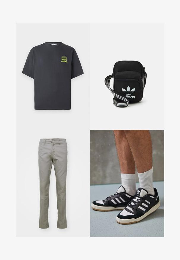 T-shirt Adidas gris charbon à manches courtes avec un petit graphique néon vert représentant des haut-parleurs, un soleil et le logo Adidas sur la poitrine gauche.; Carhartt WIP SID PANT - Pantalon classique - misty grey; Baskets noir et blanc avec une tige en suède et cuir, comportant trois rayures blanches, un bout perforé et une semelle en caoutchouc gum.; Sac bandoulière noir en tissu avec fermeture éclair, arborant un logo Adidas blanc et une sangle réglable rayée pour un port facile.
