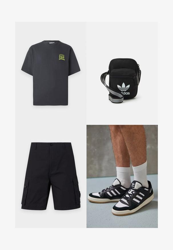 Dunkelgraues Adidas-T-Shirt mit kurzen Ärmeln und einem kleinen neongrünen Aufdruck von Lautsprechern, Sonne und dem Adidas-Logo auf der linken Brust.; Schwarze Cargoshorts mit geradem Schnitt, aus strapazierfähigem Gewebe. Verfügt über zwei Seitentaschen und einen Knopfverschluss.; Schwarz-weiße Sneaker mit einem Obermaterial aus Wildleder und Leder, ausgestattet mit drei weißen Streifen, einer perforierten Zehenpartie und einer Sohle aus Gummi.; Schwarze Umhängetasche aus Stoff mit Reißverschluss, ausgestattet mit einem weißen Adidas-Logo und einem gestreiften, verstellbaren Tragegurt für einfachen Transport.