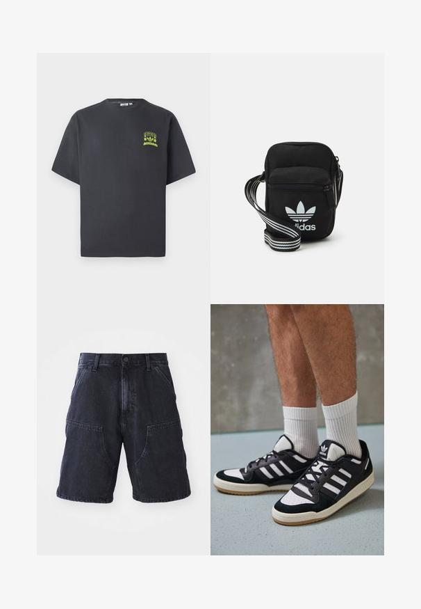 Anglies pilkos spalvos Adidas marškinėliai trumpomis rankovėmis su mažu neoninės žalios spalvos grafikų, vaizduojančiu garsiakalbius, saulę ir Adidas logotipą, kairėje krūtinės pusėje.; Tamsūs džinsiniai šortai su tiesiu kirpimu, didelėmis priekinių kišenių, ir mygtukų uždarymu; glotni tekstūra ir minimalūs siuvimo detalės.; Juodos ir baltos sportinės bateliai su zomšiniu ir odiniu viršumi, su trimis baltomis juostelėmis, perforuota koja ir guminėmis padais.; Juodas audinio per petį nešiojamas krepšys su užtrauktuku, turintis baltą Adidas logotipą ir dryžuotą reguliuojamą diržą patogiam nešiojimui.