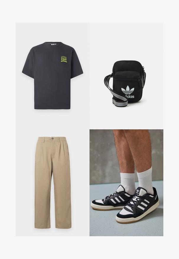 Charcoal gray Adidas T-shirt with short sleeves and a small neon green graphic of speakers, sun, and Adidas logo on left chest.; Beige high-waist trousers with pleats, belt loops, button closure, and straight legs on a white background.; Black and white sneakers with a suede and leather upper, featuring three white stripes, a perforated toe, and a gum rubber sole.; Black fabric crossbody bag with a zipper closure, featuring a white Adidas logo and a striped adjustable strap for easy carrying.