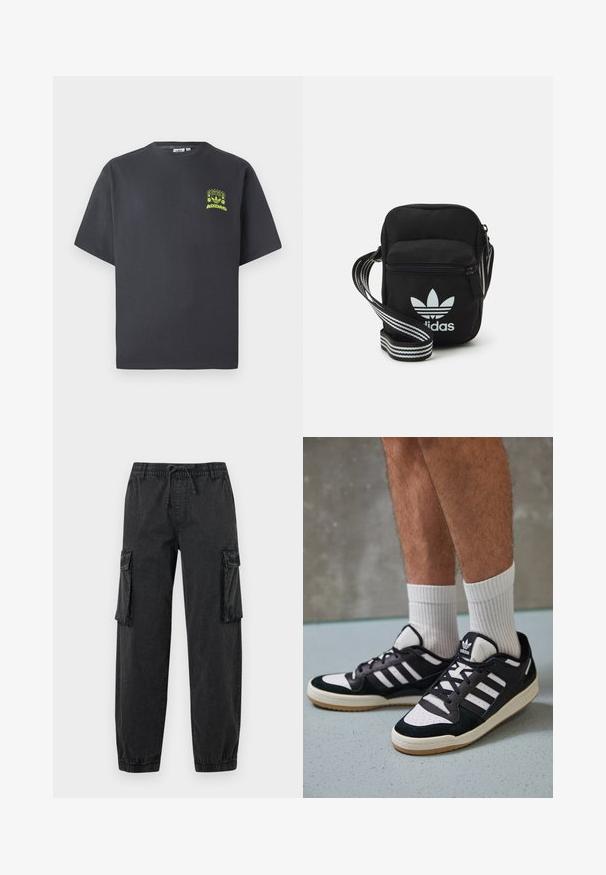 Anglies pilkos spalvos Adidas marškinėliai trumpomis rankovėmis su mažu neoninės žalios spalvos grafikų, vaizduojančiu garsiakalbius, saulę ir Adidas logotipą, kairėje krūtinės pusėje.; Juodos krovinių kelnės iš tekstūruoto audinio su elastinga juosmeniu ir raišteliu. Yra šoninės kišenės ir elastingi rankogaliai ties kulkšnimis.; Juodos ir baltos sportinės bateliai su zomšiniu ir odiniu viršumi, su trimis baltomis juostelėmis, perforuota koja ir guminėmis padais.; Juodas audinio per petį nešiojamas krepšys su užtrauktuku, turintis baltą Adidas logotipą ir dryžuotą reguliuojamą diržą patogiam nešiojimui.