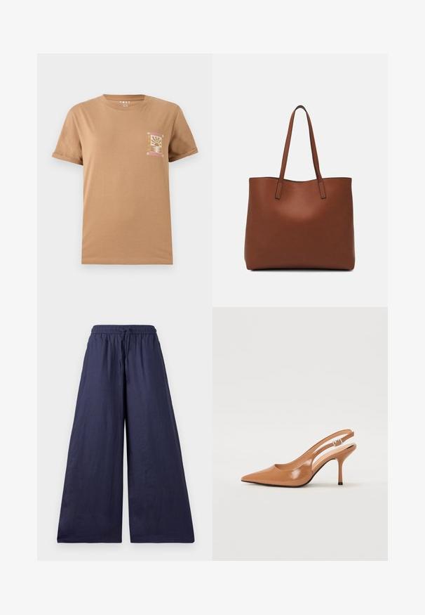 Smeđi pamučni T-shirt kratkih rukava. Ima mali, šareni grafički prikaz na lijevoj strani prsnog područja koji prikazuje temu zalaska sunca.; Mornarske široke hlače s elastičnom pasicom, detaljem vezivanja i mekanim, laganim materijalom. Jednostavan, lepršav dizajn bez ukrasa.; Sandal s petom u obliku šiljastog prsta od glatkog, sjajnog smeškastog materijala. Ima zakrivljeni izrez i vitku štiklu. Detalj s srebrnom kopčom.; Smeđa kožna torba preko ramena s glatkom teksturom, otvorenim vrhom i dvjema naramenicama. Ima minimalne šavove i nema vidljivog hardvera.