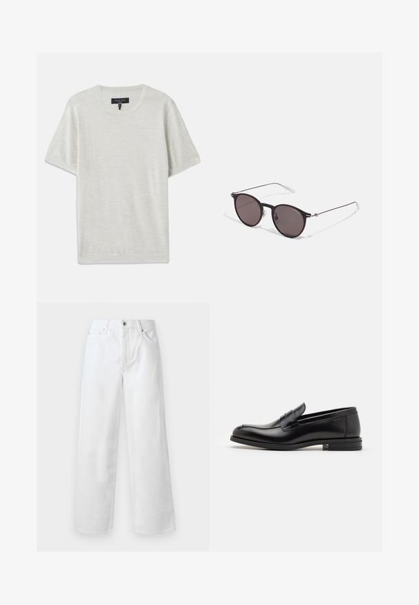 rag & bone AULTON TEE - Basic T-shirt - ivory; rag & bone BAGGY - Baggy Jeans - white; Black leather loafers with a smooth texture, rounded toe, and a decorative strap across the vamp. Low stacked heel, minimalist design.; Black round sunglasses with dark lenses and slim metal arms. Includes clear temple tips and silver accents at the hinge. Minimalist design.
