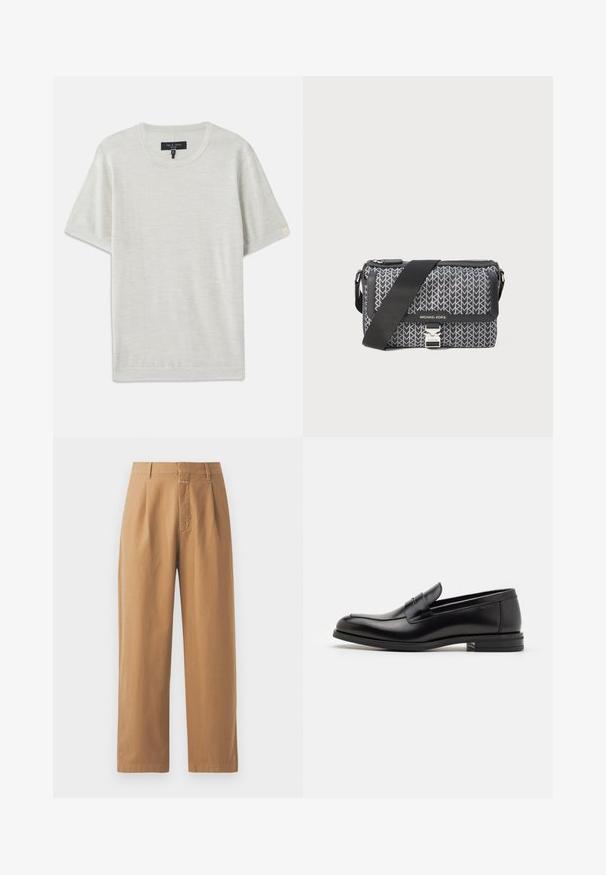 rag & bone AULTON TEE - Základné tričko - ivory; Hnedé nohavice s širokými nohavicami vyrobené z hladkej látky. Majú vysoký pás s zhybmi, pútka na opasok a jedno predné vrecko.; Čierne kožené mokasíny s hladkou textúrou, zaoblenou špičkou a dekoračným pásikom cez priehlavok. Nízky vrstvený opätok, minimalistický dizajn.; Čierna a sivá crossbody taška s geometrickým vzorom, zipsom a akcentom v striebornom tóne. Obsahuje nastaviteľný popruh.