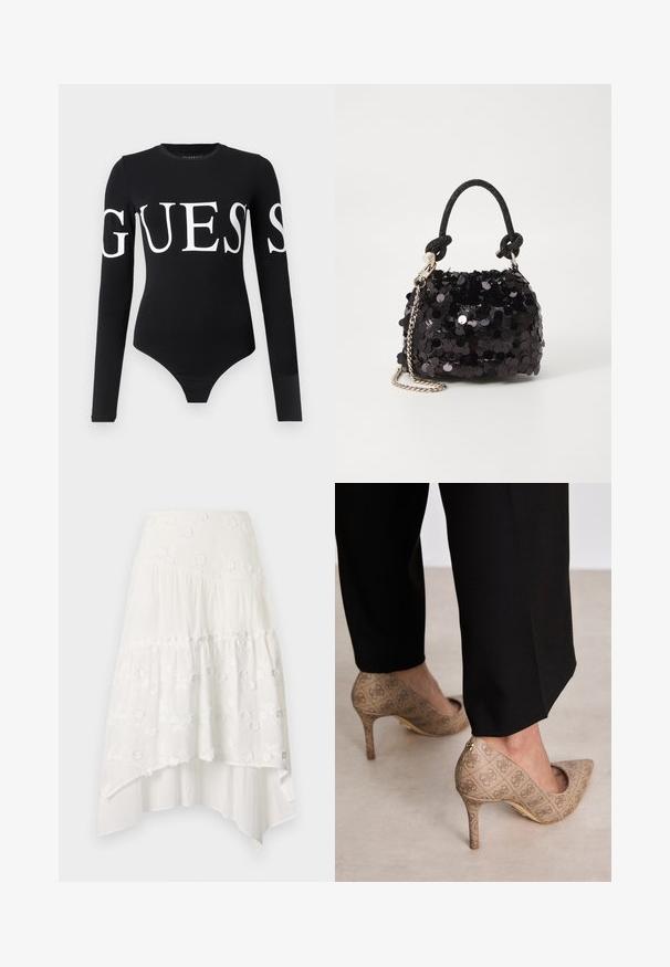 Schwarzer Langarm-Body mit einem großen weißen "GUESS"-Logo auf der Vorderseite. Hergestellt aus weichem, dehnbarem Stoff mit einer figurbetonten Silhouette.; Weißer, gestufter Rock mit floraler Stickerei. Verfügt über einen taillierten Bund und fließenden, geschichteten Stoff, der einen asymmetrischen Saum kreiert.; Beige High Heels aus strukturiertem Stoff mit einem sich wiederholenden Muster. Spitz zulaufendes Design mit einer Rückenausschnitt und goldenen Absatz.; Schwarze Pailletten-Mini-Handtasche mit einem geknoteten, strukturierten Tragegurt und einer silbernen Kette. Abgerundete Form mit gerafftem oberen Teil und reflektierenden Details.