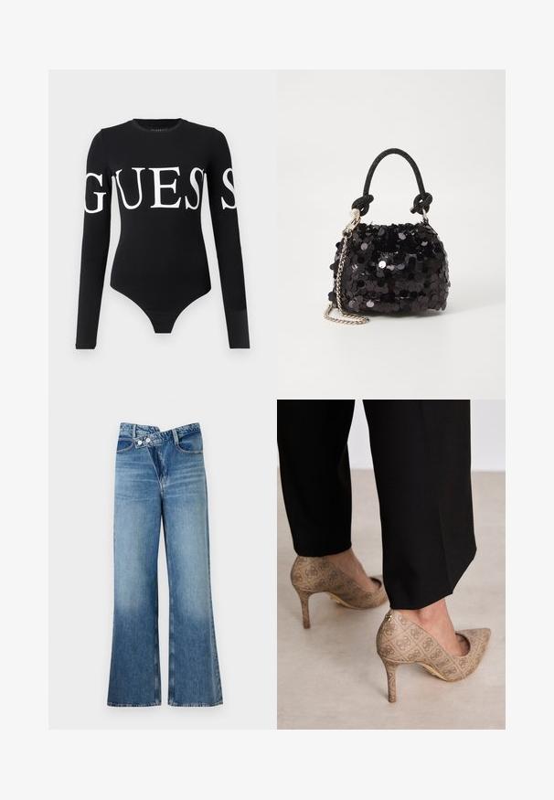 Bodysuit noir à manches longues avec un grand logo blanc "GUESS" sur le devant. Fabriqué en tissu doux et extensible avec une silhouette ajustée.; Jean en denim bleu clair évasé à taille haute, doté de deux boutons et de poches avant. Le tissu a une texture décolorée avec des variations subtiles.; Chaussures à talons hauts beiges en tissu texturé avec un motif répétitif. Design à bout pointu avec un accent à l'arrière et détail de talon doré.; Mini sac à main en sequins noirs avec une bandoulière texturée nouée et une chaîne argentée. Forme arrondie avec un haut froncé et des détails réfléchissants.