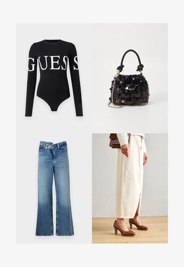 Svart langermet bodysuit med en stor hvit "GUESS" logo over hele fronten. Laget av myk, elastisk stoff med en tettsittende silhuett.; Lyseblå denim flared jeans med høy midje, med to knapper og frontlommer. Stoffet har en falmet tekstur med subtile variasjoner.; Brune hæler med rund tå, parret med en cremefarvet lang nederdel med en frontslids, og en struktureret brun håndtaske.; Svart paljettmini-veske med en knyttet teksturert stropp og sølvkjede. Rund form med samlet topp og reflekterende detaljer.