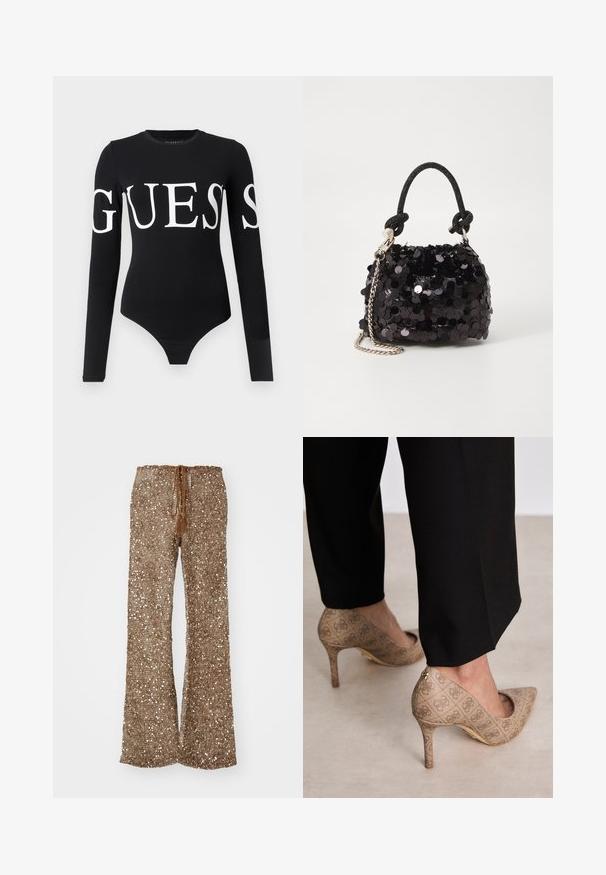 Bodysuit negro de manga larga con un gran logo blanco de "GUESS" en la parte frontal. Fabricado en una tela suave y elástica con una silueta ajustada.; Pantalones acampanados marrones hechos de tejido texturizado con lentejuelas plateadas, que cuentan con una cinturilla ajustable con cordón y borlas.; Zapatos de tacón altos beige con una tela texturizada que presenta un patrón repetitivo. Diseño de punta afilada con un acento en la parte trasera y detalle de tacón dorado.; Bolso de mano mini negro con lentejuelas, con una correa de textura anudada y cadena plateada. Forma redondeada con parte superior fruncida y detalles reflectantes.