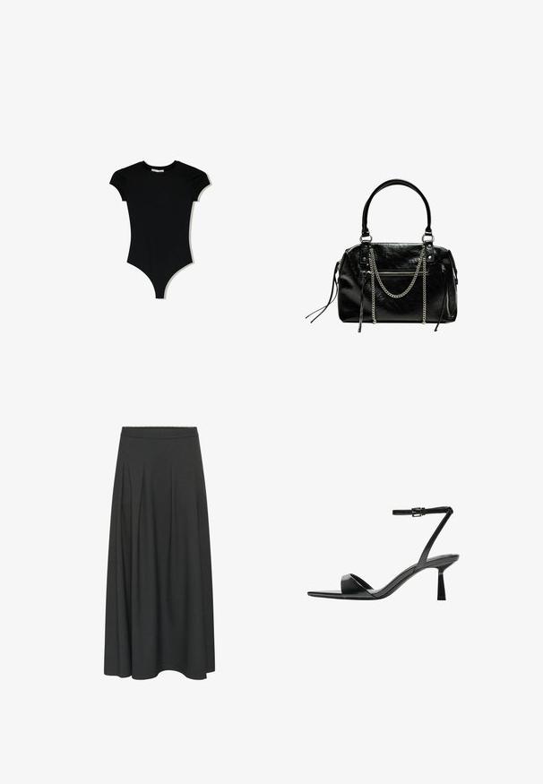 Sort kortærmet bodysuit med rund halsudskæring og højt skårne benåbninger, lavet af et glat, strækbart stof.; Lang, mørkegrå A-line nederdel med en tætsiddende talje og subtile folder, der går fra taljen til kanten.; Bershka Højhælede sandaletter / Højhælede sandaler - black; Bershka WITH CHAIN - Håndtasker - black