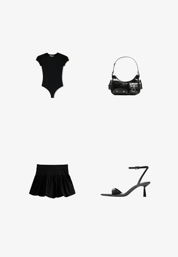 Bodysuit noir à manches courtes avec un col rond et des ouvertures de jambe hautes, fabriqué à partir d'un tissu lisse et extensible.; Jupe évasée noire avec une large ceinture élastique, présentant une texture lisse et un tissu froncé pour plus de volume au bas.; Bershka Sandales à talons hauts - black; Sac à main en cuir verni noir avec une forme incurvée, une bandoulière, des poches avant et des accents en métal argenté.