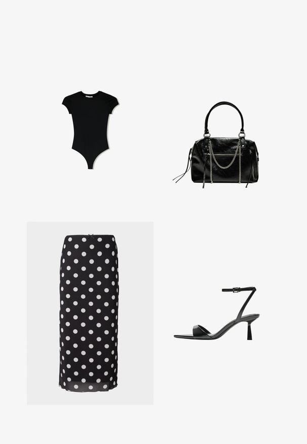 Body negru cu maneci scurte, guler rotund și decupaje înalte pe picioare, fabricat dintr-un material neted și elastic.; Fustă midi neagră cu buline, realizată dintr-un material ușor, cu modele circulare albe, având un talie ajustată și margine discretă cu dantelă.; Bershka Sandale cu toc - black; Bershka WITH CHAIN - Geantă de mână - black