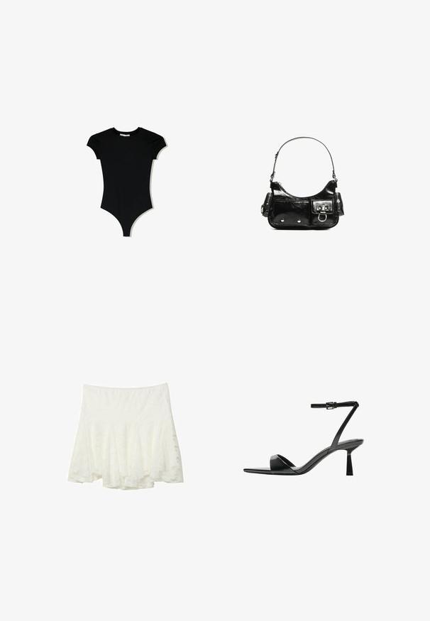 Schwarzer Kurzarm-Body mit rundem Ausschnitt und hochgeschnittenen Beingrößen, aus einem glatten, dehnbaren Stoff gefertigt.; Stradivarius FITTING - A-Linien-Rock - white; Bershka High Heel Sandalette - black; Schwarze Lackleder-Handtasche mit geschwungenem Design, einem Schulterriemen, Vordertaschen und silberfarbenen Hardware-Akzenten.