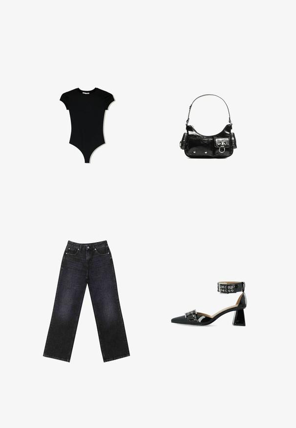 Črna bodi majica s kratkimi rokavi in okroglim izrezom, z visokimi odprtinami za noge, izdelana iz gladkega, elastičnega materiala.; Visoke črne-denim hlače z širokim krojem, zasnovane s petimi žepi in vidnimi šivi. Tkanina ima gladek, rahlo teksturiran videz.; Črne lakirane visoke pete s ostrim nosom, zapenjanjem okoli gležnja in kovinskim detajlom s sponko; vsebuje masiven, prozoren hiel.; Črna lakasta usnjena torbica s ukrivljeno obliko, enim ramenskim trakom, sprednjimi žepi in srebrnimi kovinskimi dodatki.