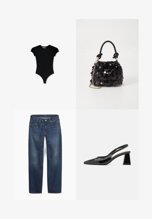 Svart kortärmad bodysuit med rundad halsringning och högskurna benöppningar, tillverkad av ett mjukt, stretchigt material.; Mörkblå denimjeans med raka ben. Innehåller knappstängning, fem fickor och subtila blekningsdetaljer i tyget.; Svarta lackade slingback-klackar med spetsig tå, som har en unik geometrisk blockklack och en slät yta. Justerbar rem för stöd.; Svart paljett mini-handväska med en knuten texturerad rem och silverkedja. Rund form med samlad topp och reflekterande detaljer.