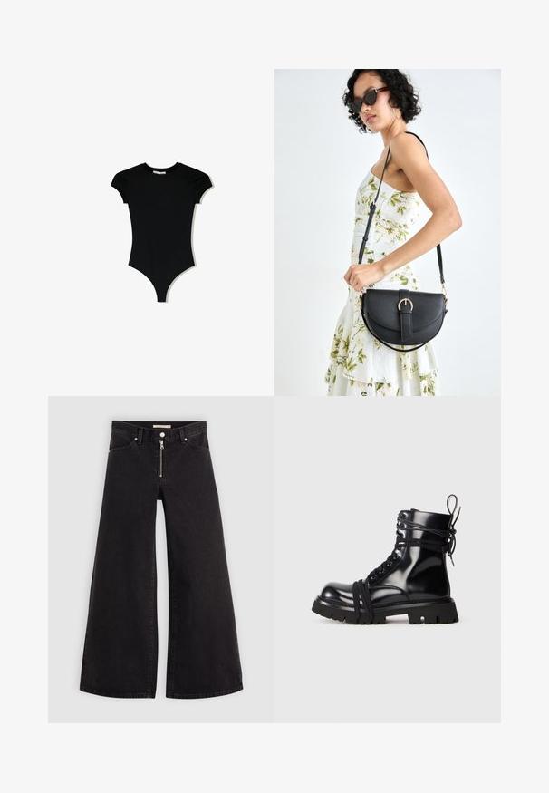 Mustat lyhythihaiset bodysuitit, joissa on pyöreä kaula-aukko ja korkealle leikattu lahje, valmistettu sileästä ja joustavasta kankaasta.; Mustat leveälahkeiset farkut, joissa on vetoketjufrunti, viisi-taskuinen muotoilu ja hienovaraiset ompelusyyt. Sileä pinta ja rento tyyli.; Musta lakattu nahkasaapas paksulla pohjalla, pyöreällä varvalla ja nauhakiinnityksillä. Sisältää kierretyt nauhat ja vetotapin kantapässä.; Musta nahkainen käsilaukku, joka on kaareva muotoilultaan, irrotettavalla hihnalla ja kultaisilla yksityiskohdilla. Laukussa on läppä, jossa on solk yksityiskohta.