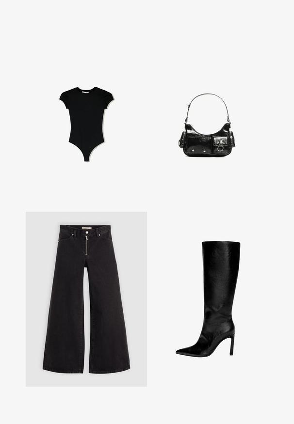 Fekete, rövidujjú bodyn, lekerekített nyakkivágással és magasra vágott lábnyílásokkal, sima, rugalmas anyagból készült.; Fekete denim széles szárú farmer, cipzáros elejével, öt zsebes kialakítással és diszkrét varrással. Sima textúra és laza stílus.; Térd fölé érő fekete bőrcipő, hegyes orral, magas csőrszerű talppal, sima felülettel és egyszerű, letisztult dizájnnal, díszítések nélkül.; Fekete lakkbőr kézitáska ívelt formával, egy vállpánttal, elülső zsebekkel és ezüstszínű fémrészletekkel.