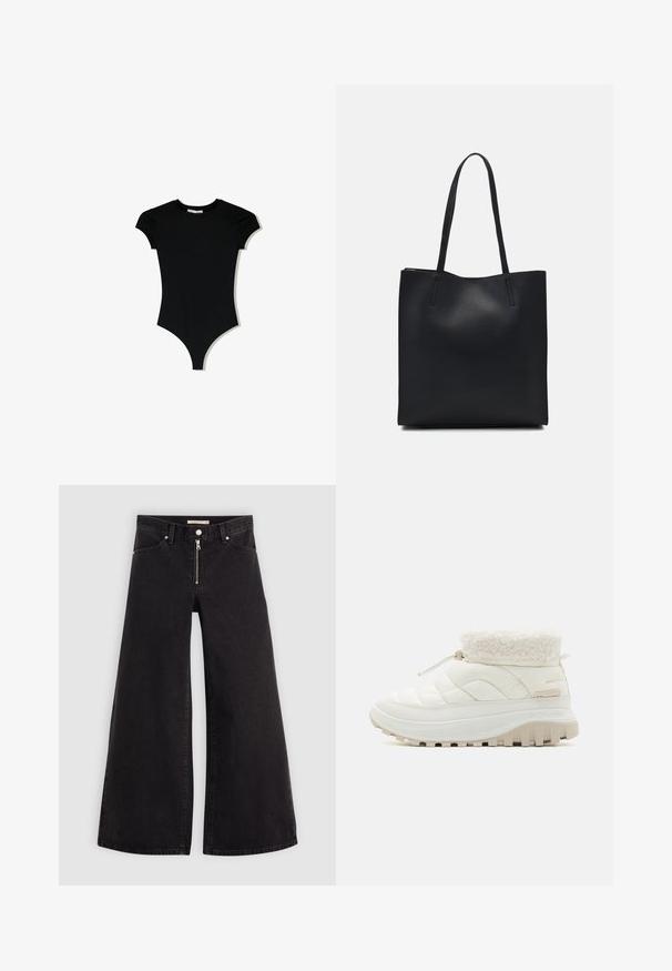 Zwart short-sleeve body met een ronde halslijn en hoge beenopeningen, gemaakt van een gladde, rekbare stof.; Wijdvallende jeans van zwarte denim met een ritssluiting aan de voorkant, vijf zakken en subtiele stikdetails. Soepele textuur en casual stijl.; Witte gewatteerde laars tot halverwege de kuit met een nepbont kraag, elastische vetersluiting en een dikke rubberen zool met diepe noppen voor grip.; Zwarte leren handtas met een gladde textuur, rechthoekige vorm en twee lange handvaten. Geen zichtbare hardware of versieringen.