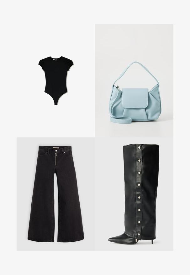 Čierny body s krátkym rukávom a okrúhlym výstrihom, s vysokými výstrihmi na nohách, vyrobený z hladkej, elastickej látky.; Dlhé nohavice vo voľnom strihu z čierneho denimu so zipsom vpredu, päť vrecúškovým dizajnom a jemnými stehovými detailmi. Hladká textúra a neformálny štýl.; Čierne kožené vysoké podpätky s priliehavým dizajnom, špicatou špičkou a striebornými cvokovými gombíkmi po stranách.; Svetlomodrá kožená kabelka s hornou rukoväťou, prednou klopou a odnímateľným zápästným popruhom na bielom pozadí.