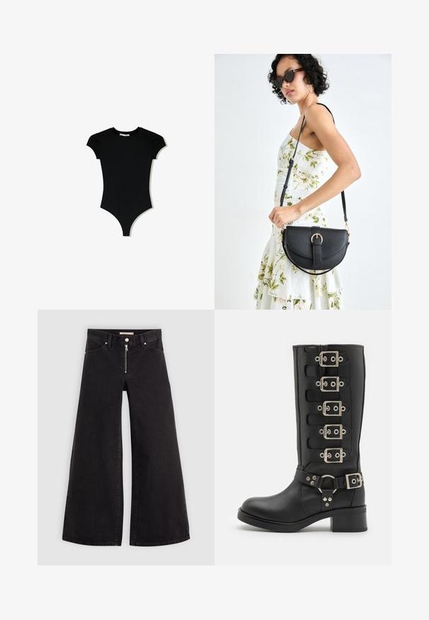 Black short-sleeve bodysuit with a rounded neckline and high-cut leg openings, made from a smooth, stretchy fabric.; Wide-leg jeans in black denim with a zippered front, five-pocket design, and subtle stitching details. Smooth texture and casual style.; Black knee-high boot made of smooth leather, featuring six silver buckles, a wide strap with an O-ring, and a sturdy block heel.; Black leather handbag with a curved shape, detachable strap, and gold hardware. The bag features a flap with a buckle detail.