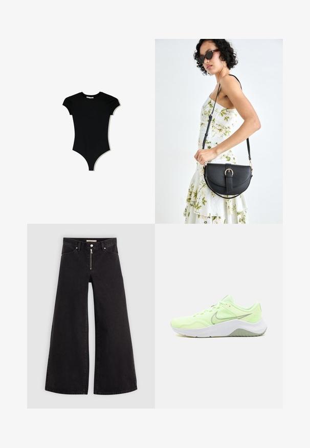 Fekete, rövidujjú bodyn, lekerekített nyakkivágással és magasra vágott lábnyílásokkal, sima, rugalmas anyagból készült.; Fekete denim széles szárú farmer, cipzáros elejével, öt zsebes kialakítással és diszkrét varrással. Sima textúra és laza stílus.; Nike Performance LEGEND ESSENTIAL 3 - Edzőcipő - barely volt/olive aura/jade horizon; Fekete bőrtáska ívelt formával, levehető pánttal és arany színű fémrészekkel. A táskán egy csattal díszített fedél található.