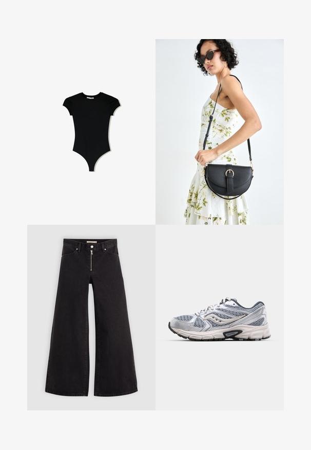 Black short-sleeve bodysuit with a rounded neckline and high-cut leg openings, made from a smooth, stretchy fabric.; Wide-leg jeans in black denim with a zippered front, five-pocket design, and subtle stitching details. Smooth texture and casual style.; Silver running shoe with mesh upper, cushioned sole, and grey accents. Features a rounded toe and lace-up design. Brand logo visible.; Black leather handbag with a curved shape, detachable strap, and gold hardware. The bag features a flap with a buckle detail.