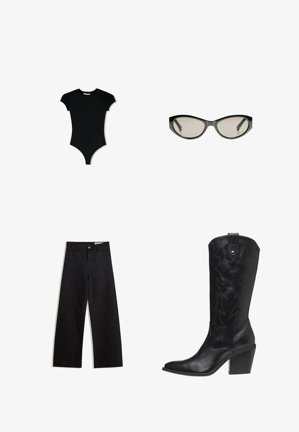 Černý body s krátkým rukávem, kulatým výstřihem a vysokými rozparky na nohavicích, vyrobený z hladkého, elastického materiálu.; Černé denimové kalhoty s volným střihem a vysokým pasem, vybavené předními a zadními kapsami, prošívanými švy a knoflíkovým zapínáním. Hladká textura.; Černá kožená kovbojská bota s špičatou špičkou, vysokým podpatkem a dekorativním prošitím ve vzoru blesku po celé ploše.; Černé sluneční brýle ve stylu "kočičí oči" se šedými zabarvenými skly. Plastový rám má ostré hrany a hladký, lesklý povrch.; Stříbrný náhrdelník s jemným řetízkem a oválným přívěskem s propracovanými vzory a centrálním akcentem v podobě drahokamu.