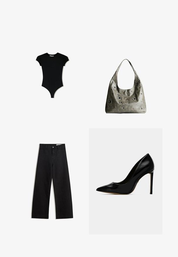 Body corto nero a maniche corte con scollatura tonda e aperture laterali alte, realizzato in un tessuto liscio e elasticizzato.; Pantaloni in denim neri a gamba larga con vita alta, dotati di tasche anteriori e posteriori, cuciture a punto, e chiusura con bottone. Texture liscia.; Décolleté in pelle verniciata nera con punta affilata e design elegante, dotata di un tacco a stiletto di 10 cm e finitura liscia e lucida.; Borsa a tracolla in pelle verde oliva con un design morbido, caratterizzata da tagli circolari di diverse dimensioni e dettagli in tonalità più scure e più chiare.