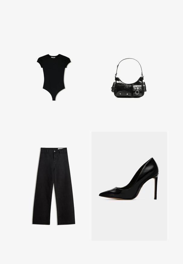Fekete, rövidujjú bodyn, lekerekített nyakkivágással és magasra vágott lábnyílásokkal, sima, rugalmas anyagból készült.; Fekete, bő szabású farmernadrág magas derékkal, elülső és hátsó zsebekkel, varrott felületekkel és gombos záródással. Sima textúra.; Fekete lakk bőr magassarkú cipő, hegyes orral és elegáns formával, 10 cm-es stiletto sarkú, sima, fényes felülettel.; Fekete lakkbőr kézitáska ívelt formával, egy vállpánttal, elülső zsebekkel és ezüstszínű fémrészletekkel.