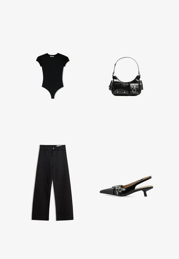 Zwart short-sleeve body met een ronde halslijn en hoge beenopeningen, gemaakt van een gladde, rekbare stof.; Zwarte denim broek met wijde pijpen en een hoge taille, voorzien van voor- en achterzakken, gestikte naden en een knoopsluiting. Gladde textuur.; Zwarte patenten leren slingback schoenen met spitse neuzen en twee verstelbare bandjes. Kenmerkend zijn de lage schuine hak en de gladde textuur.; Zwarte laarzen in lakleer met een gebogen vorm, één schouderband, voorvakken en accenten in zilverkleurig metaal.