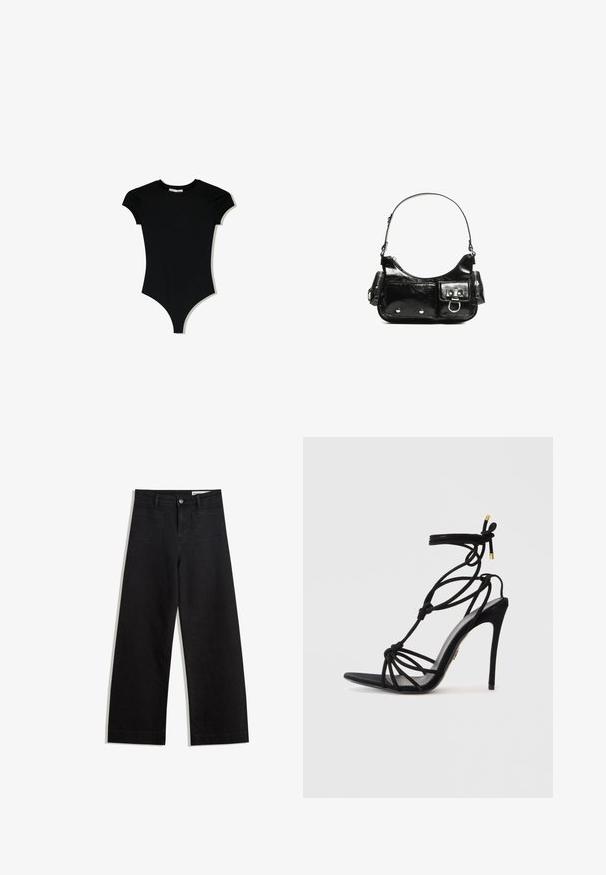 Mustat lyhythihaiset bodysuitit, joissa on pyöreä kaula-aukko ja korkealle leikattu lahje, valmistettu sileästä ja joustavasta kankaasta.; Mustat leveät farkut korkealla vyötäröllä, joissa on etu- ja takataskut, ommellut saumat ja nappisuljenta. Silkinoinen rakenne.; Mustat korkokengät, joissa on solmittu nauhasuunnittelu, avonaiset varpaat ja hoikka korko. Liukas pinta, jossa kullansävyisiä yksityiskohtia nauhoissa.; Mustekko mustasta kiiltonahasta valmistettu käsilaukku, jossa on kaareva muoto, yksi olkahihna, etutaskut ja hopeanväriset yksityiskohdat.